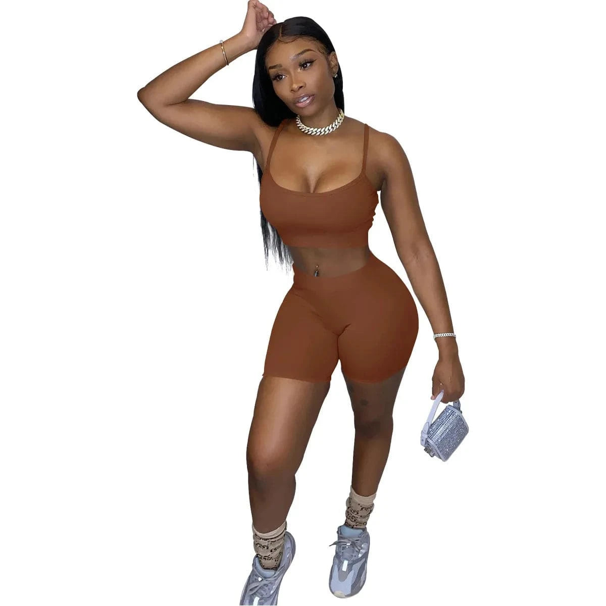 2024 women's wear European and American fashion casual solid color suspender Vest Top Shorts  two piece