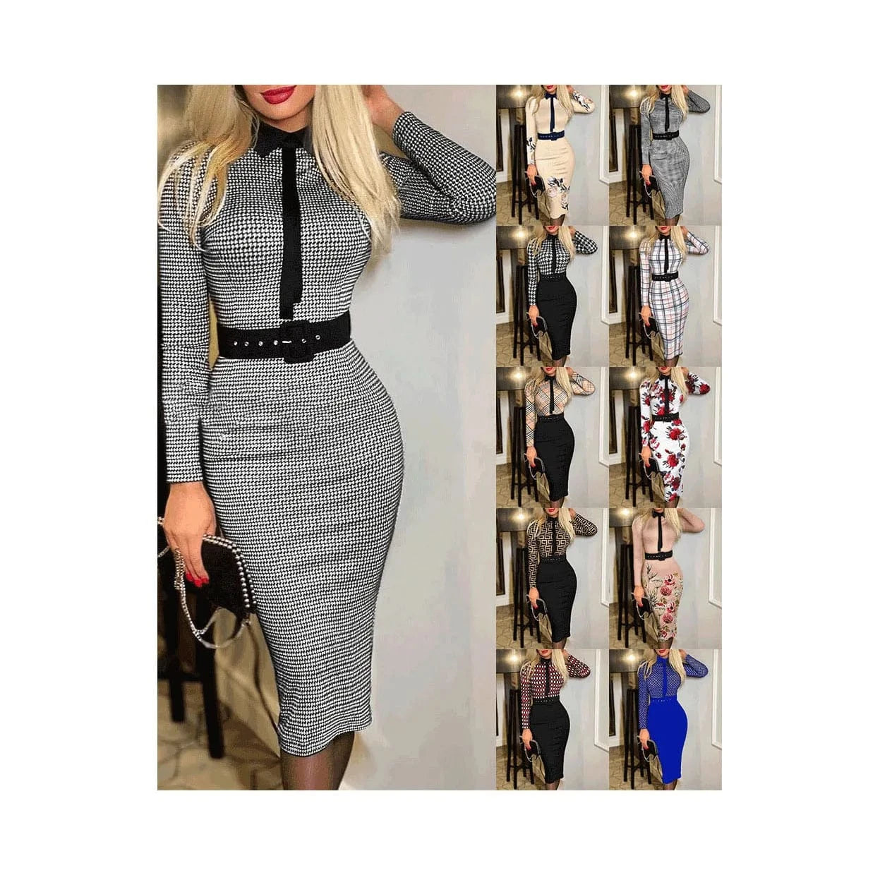 2024 Women Sexy Long Sleeve Dress Fall Winter Vintage Print Slim Office Midi Dresses Women's Party Dress