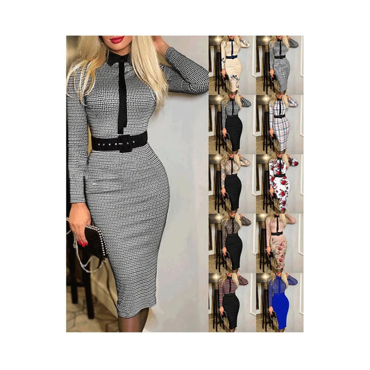 2024 Women Sexy Long Sleeve Dress Fall Winter Vintage Print Slim Office Midi Dresses Women's Party Dress