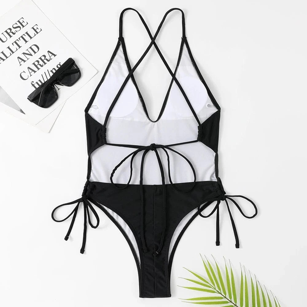 2024 Women Sexy Summer Beach Backless Deep V Neck Bathing Wear Fashion Bandage Tummy Control One Piece Thong Swimsuit Swimwear