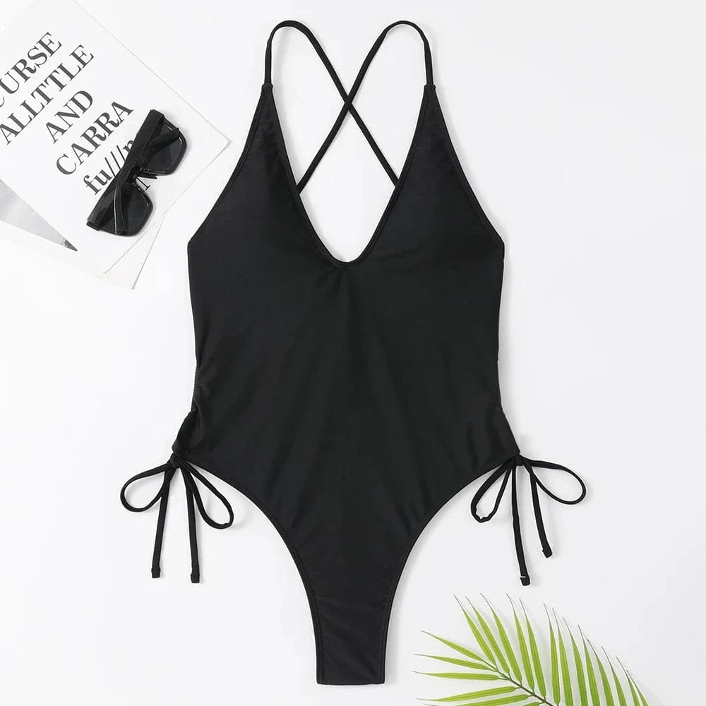 2024 Women Sexy Summer Beach Backless Deep V Neck Bathing Wear Fashion Bandage Tummy Control One Piece Thong Swimsuit Swimwear