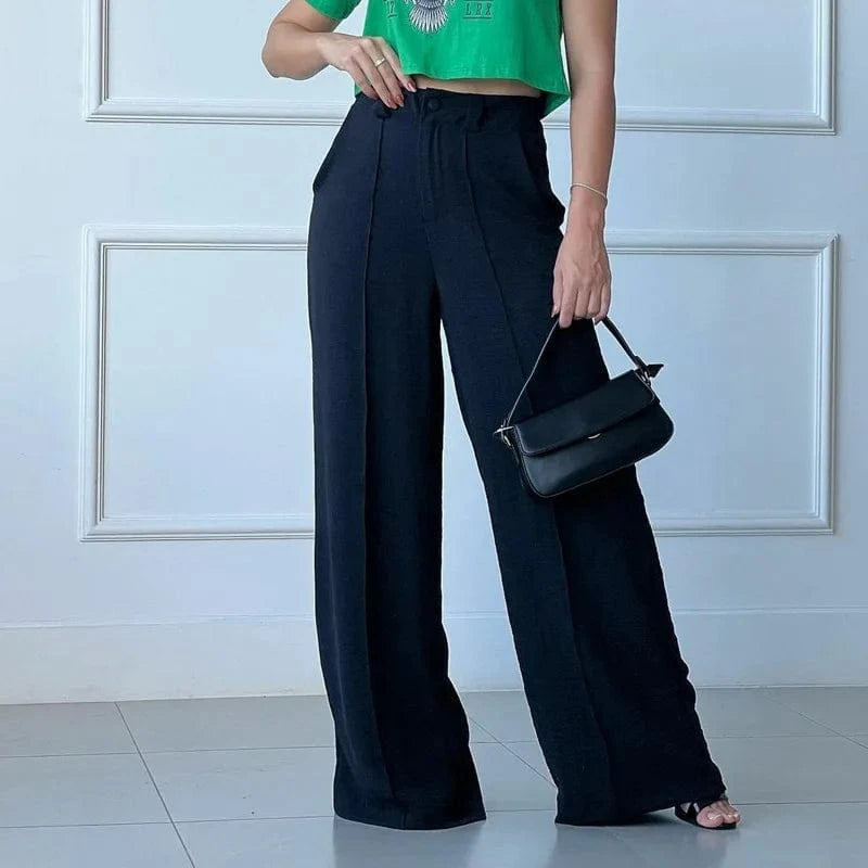 2024 Women Spring and Summer Thin Pants Solid Color Loose Pleated Wide Leg Casual Pants Half Elastic Waist