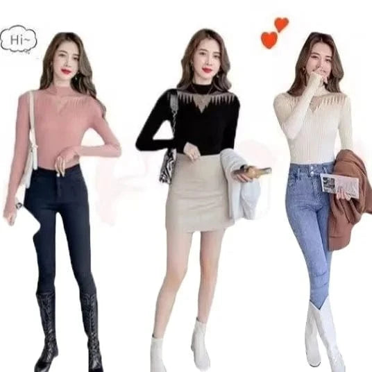 2024 Women Spring Slim Long Sleeve Lace  Patchwork Hollowed-out Half Turtleneck O-neck Knit Sweater Casual Sweater