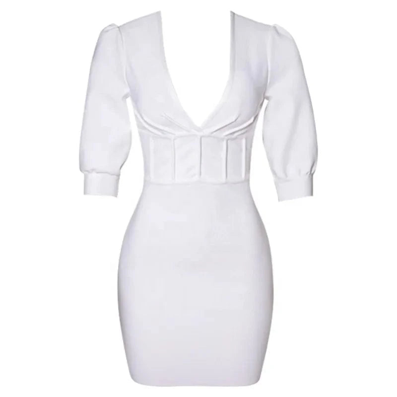 2024 Women Summer Short Sleeve Deep V Neck White Bodycon Sexy Dress Designer Elegant Evening Club Party Dress