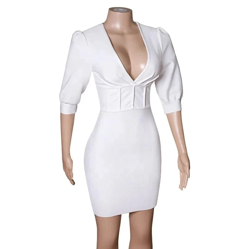 2024 Women Summer Short Sleeve Deep V Neck White Bodycon Sexy Dress Designer Elegant Evening Club Party Dress