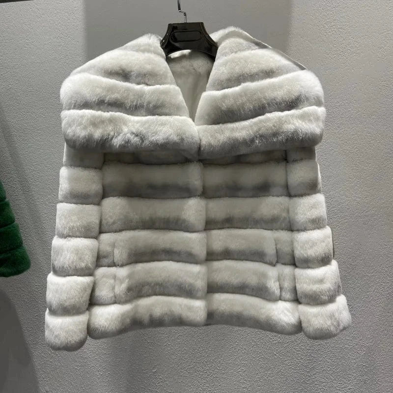 2024 Women Winter Fashionable Real Rex Rabbit Fur Jacket with Bigger Collar Full Skin Thick Warmer Ladies Fur Coat