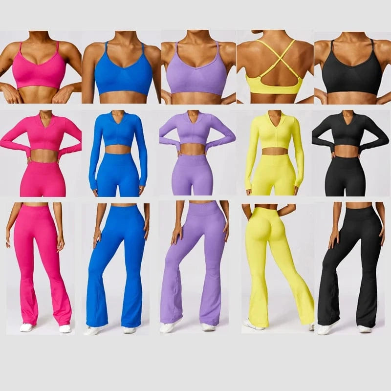 2024 Women Zipper Crop top Activewear Suit Bra Flares Seamless Sportswear Fitness Workout Gym Clothing 3 pcs Yoga Set