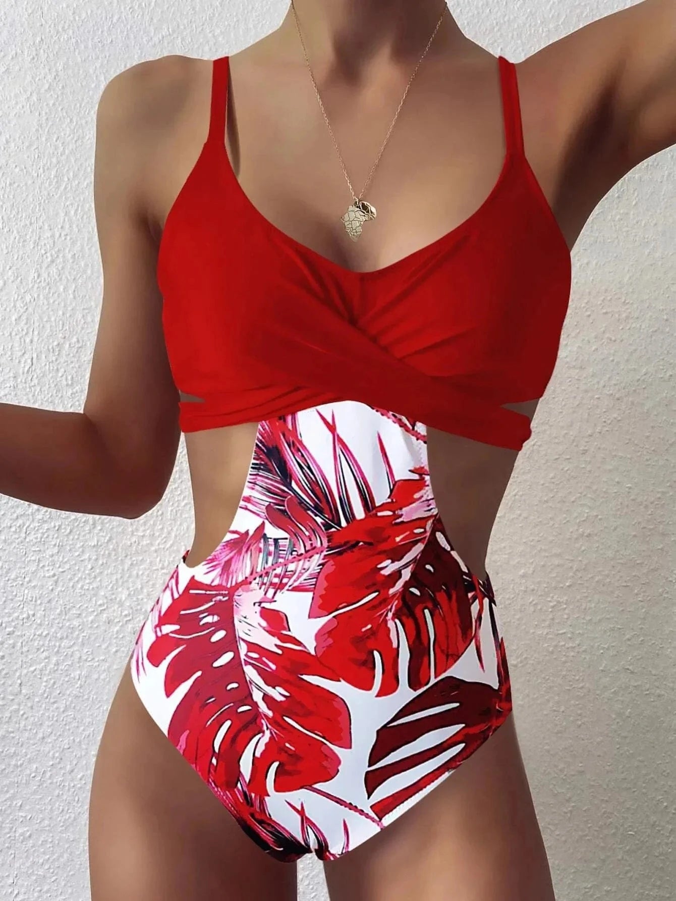 2024 Womens Leaves Printed Bandage Hollow Slim Swimsuit Sexy Suspender Bikini Padded One-piece Swimsuit Bathing Suits