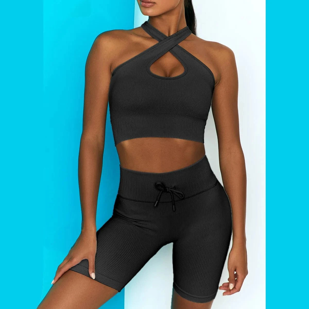 2024 Workout Outfit for Women 2 Piece Seamless Ribbed Crossover Halter Crop Top With High Waist Sports Shorts