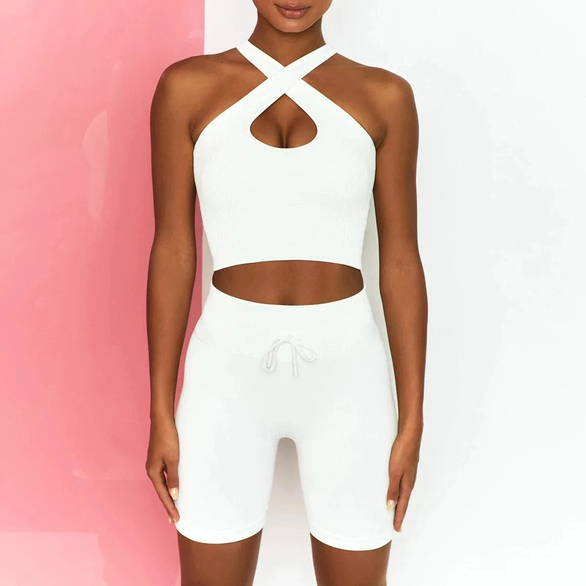 2024 Workout Outfit for Women 2 Piece Seamless Ribbed Crossover Halter Crop Top With High Waist Sports Shorts