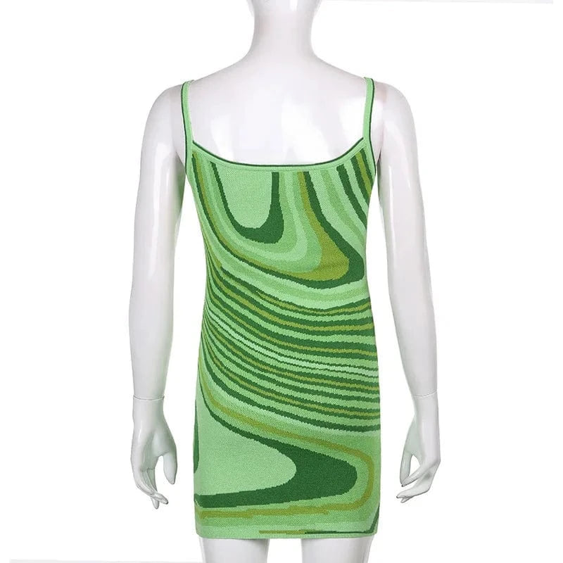 2024 Y2K Clothing Women Green Sexy Irregular Printed Mini Dress Sleeveless Slim Dress Ladies Casual