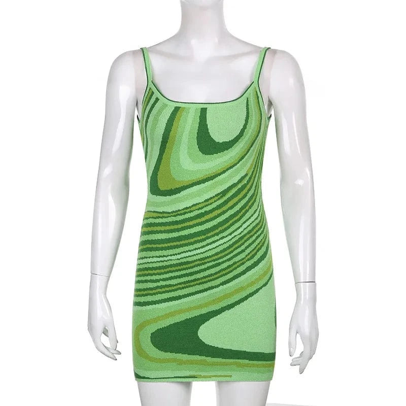 2024 Y2K Clothing Women Green Sexy Irregular Printed Mini Dress Sleeveless Slim Dress Ladies Casual