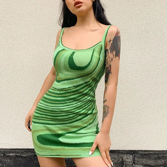 2024 Y2K Clothing Women Green Sexy Irregular Printed Mini Dress Sleeveless Slim Dress Ladies Casual
