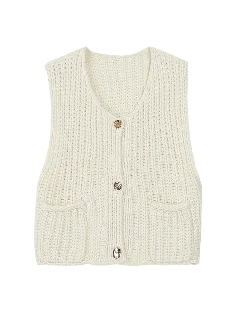 2025 Autumn and Winter New Women's Knitted Vest Single-breasted Solid Color V-neck Casual Holiday Style Fashion Street