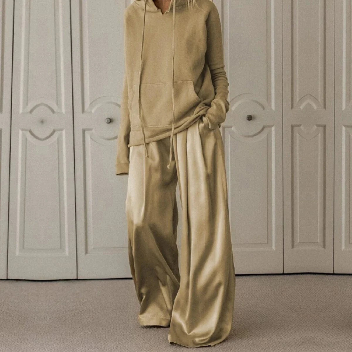 2025 Autumn Fashion Suit for Women Drawstring Hooded Sweatshirt and High Waist Wide Leg Pants Casual Pant Sets