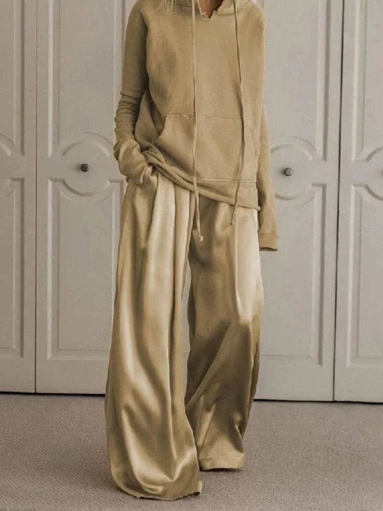 2025 Autumn Fashion Suit for Women Drawstring Hooded Sweatshirt and High Waist Wide Leg Pants Casual Pant Sets
