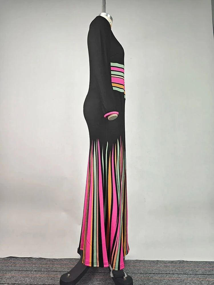 2025 Ladies Bodycon Dress V-neck Long Sleeves Colorful Striped Evening Dresses for Women High Waist Pleated Dress