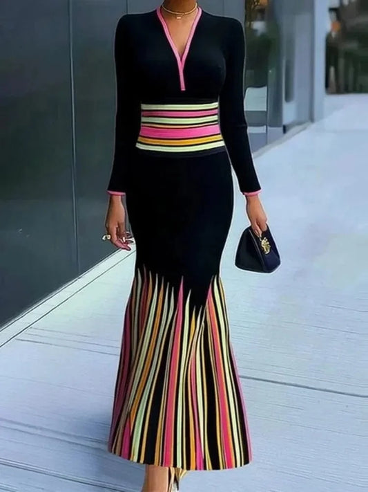 2025 Ladies Bodycon Dress V-neck Long Sleeves Colorful Striped Evening Dresses for Women High Waist Pleated Dress
