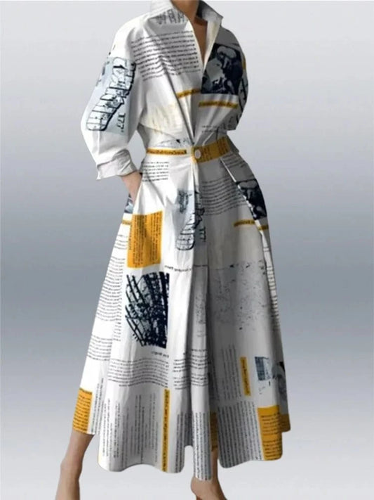 2025 New Autumn Women Midi Dress Long Sleeves Casual High Street Fashion Newspaper Print Lapel A-Line Dress For Women