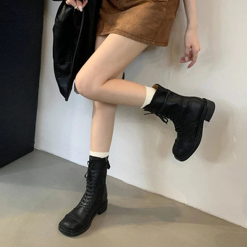 2025 New Comfortable Retro Strap Flat Ankle Boots Fashion Square Head Side Zipper Rider Boots Solid Color Boots Women