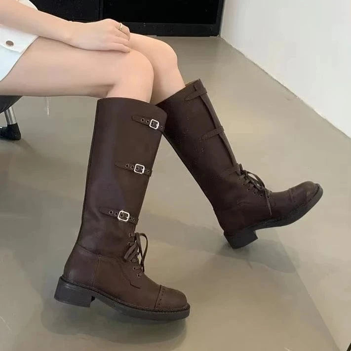 2025 New Fashion Big Brand Catwalk Flat Boots Comfortable High Knights Boots Belt Buckle Sleeve Boots Women