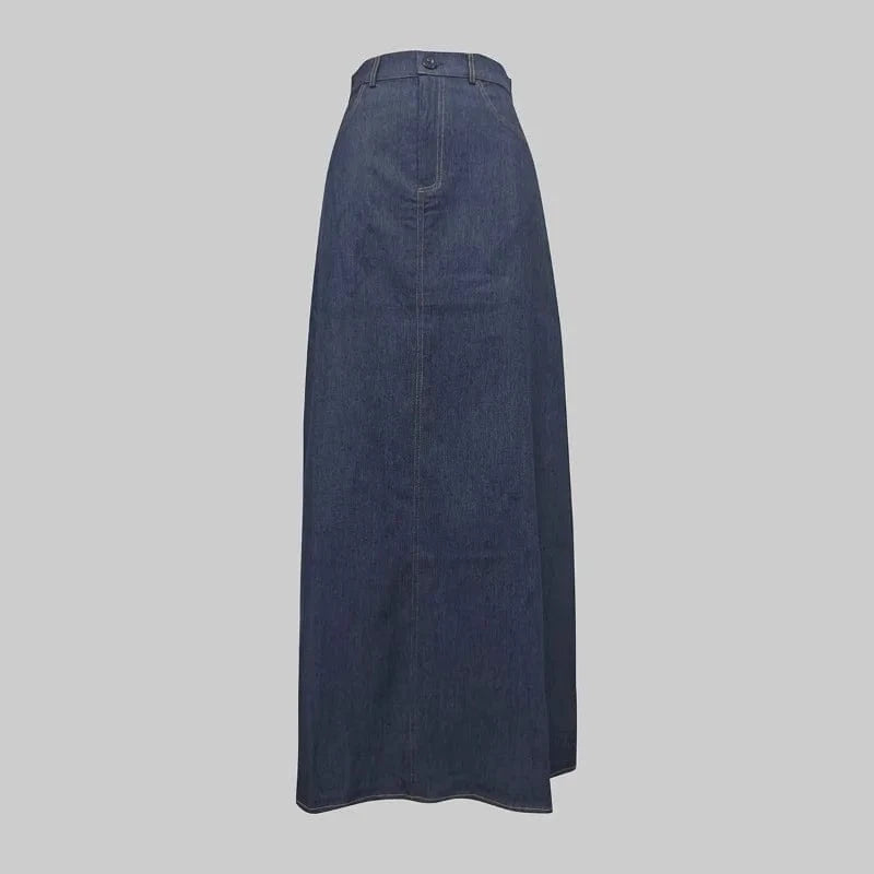 2025 New Fashion Imitation Denim H-Line High Waist Skirts Spring Summer Loose Solid Color Pockets Maxi Skirt For Women