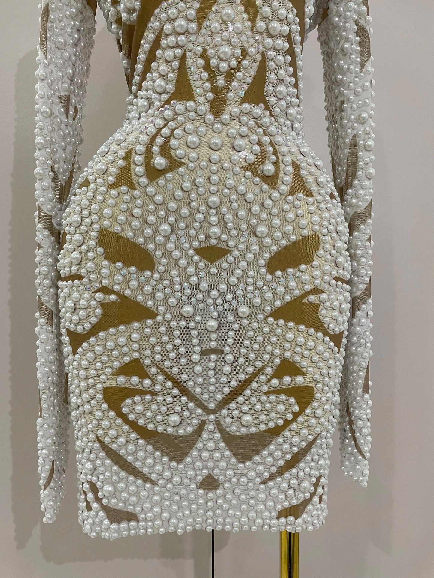 2025 New High-end Elegant Evening Gown AB Rhinestones Pearls Luxury Long Sleeves Mesh Dress Women Cocktail party Wedding Costume