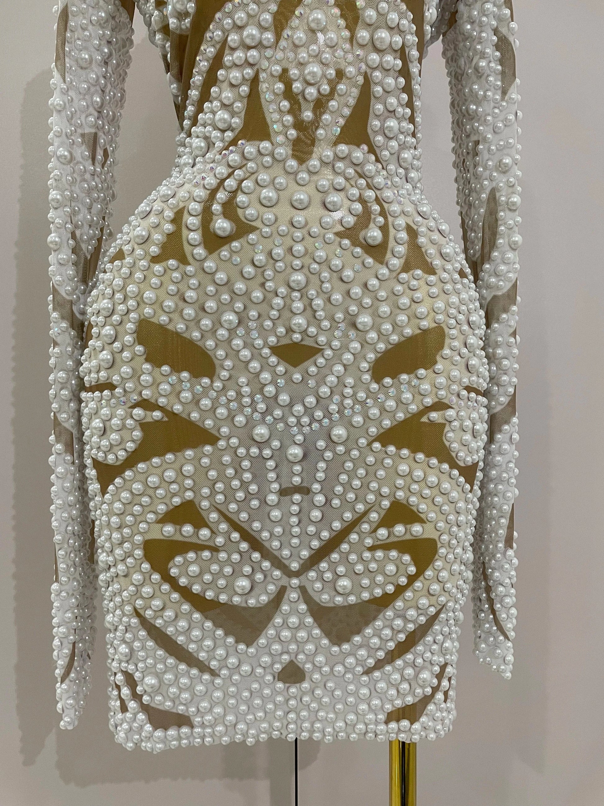 2025 New High-end Elegant Evening Gown AB Rhinestones Pearls Luxury Long Sleeves Mesh Dress Women Cocktail party Wedding Costume