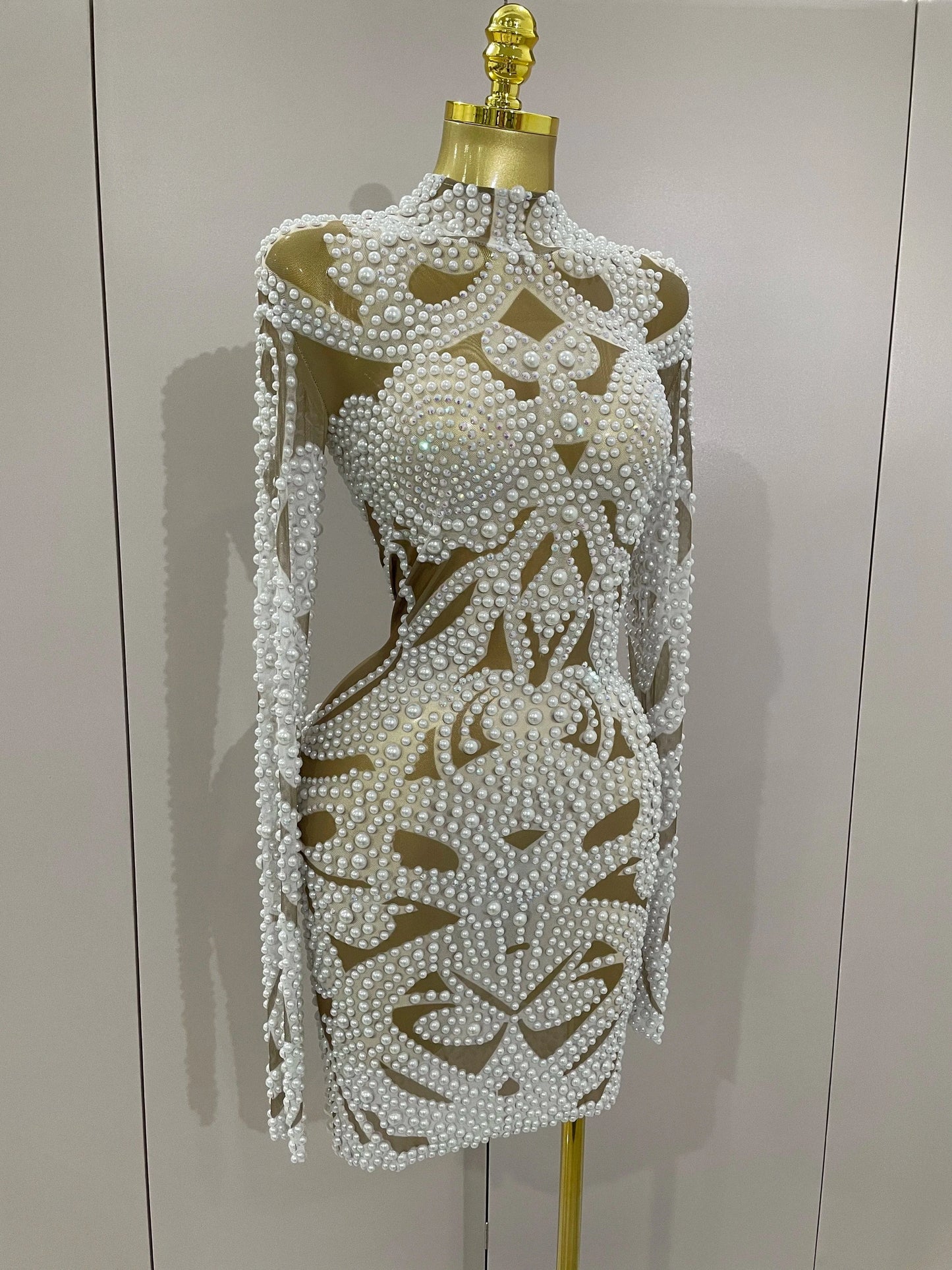 2025 New High-end Elegant Evening Gown AB Rhinestones Pearls Luxury Long Sleeves Mesh Dress Women Cocktail party Wedding Costume