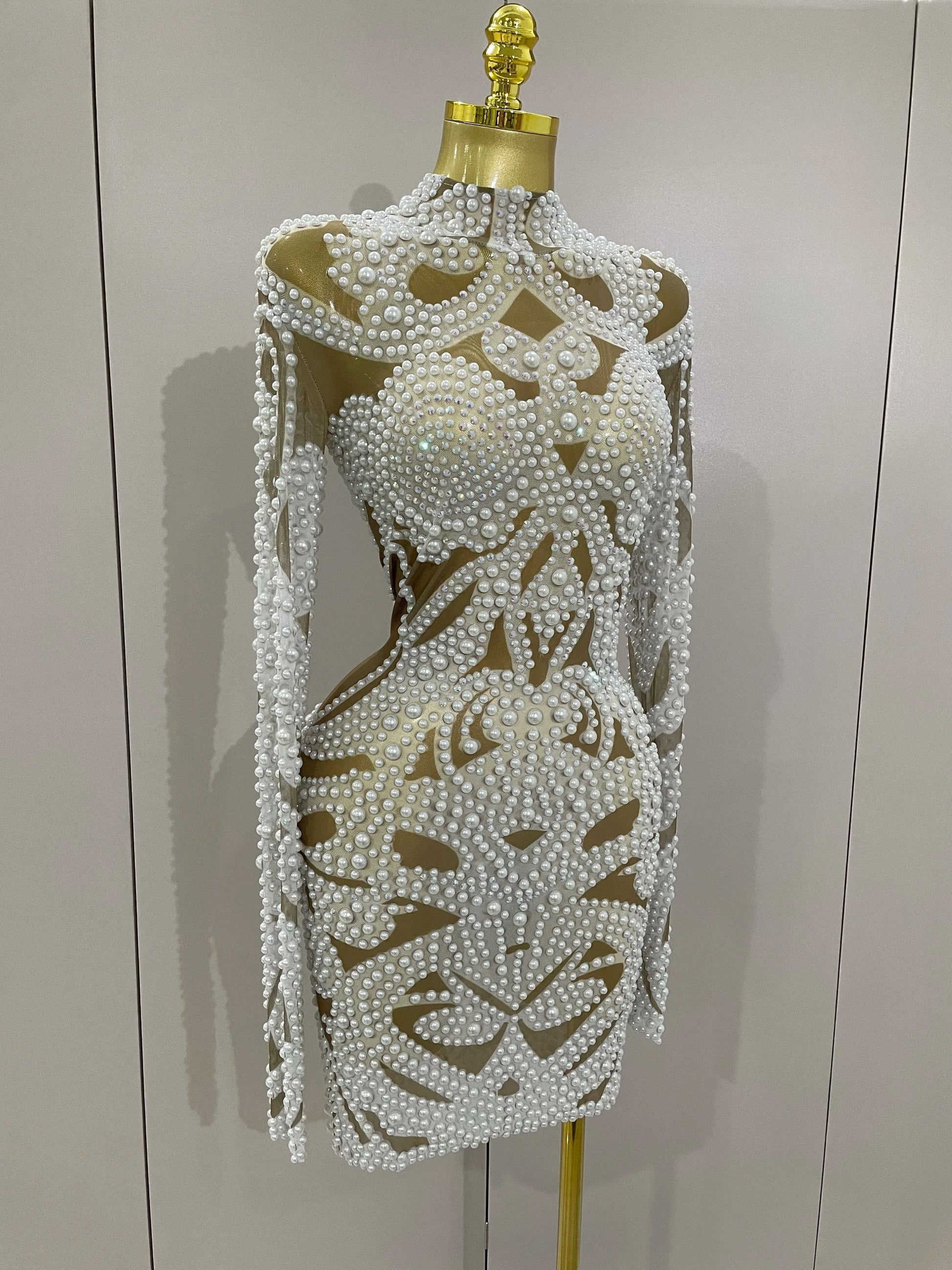 2025 New High-end Elegant Evening Gown AB Rhinestones Pearls Luxury Long Sleeves Mesh Dress Women Cocktail party Wedding Costume