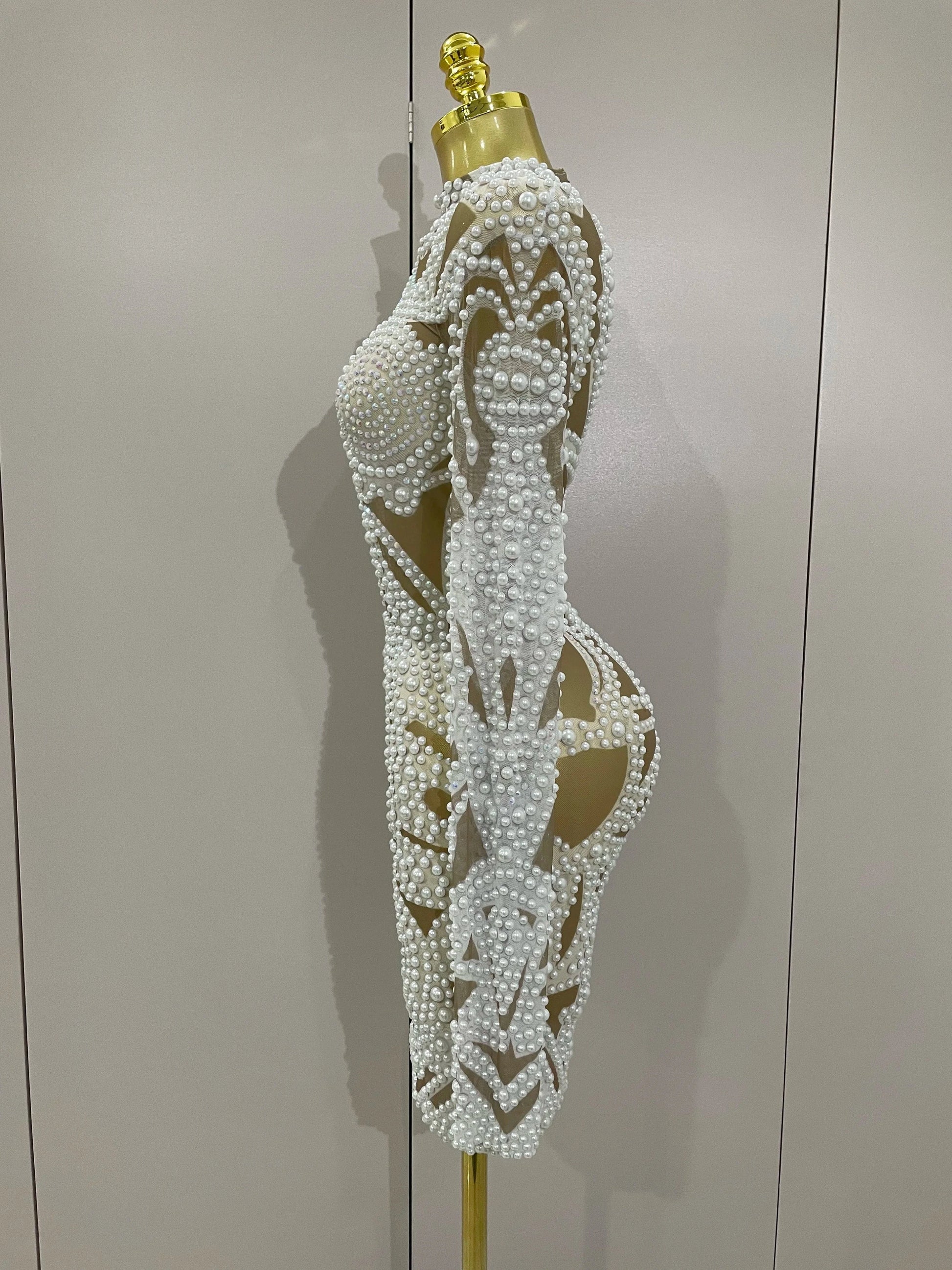 2025 New High-end Elegant Evening Gown AB Rhinestones Pearls Luxury Long Sleeves Mesh Dress Women Cocktail party Wedding Costume