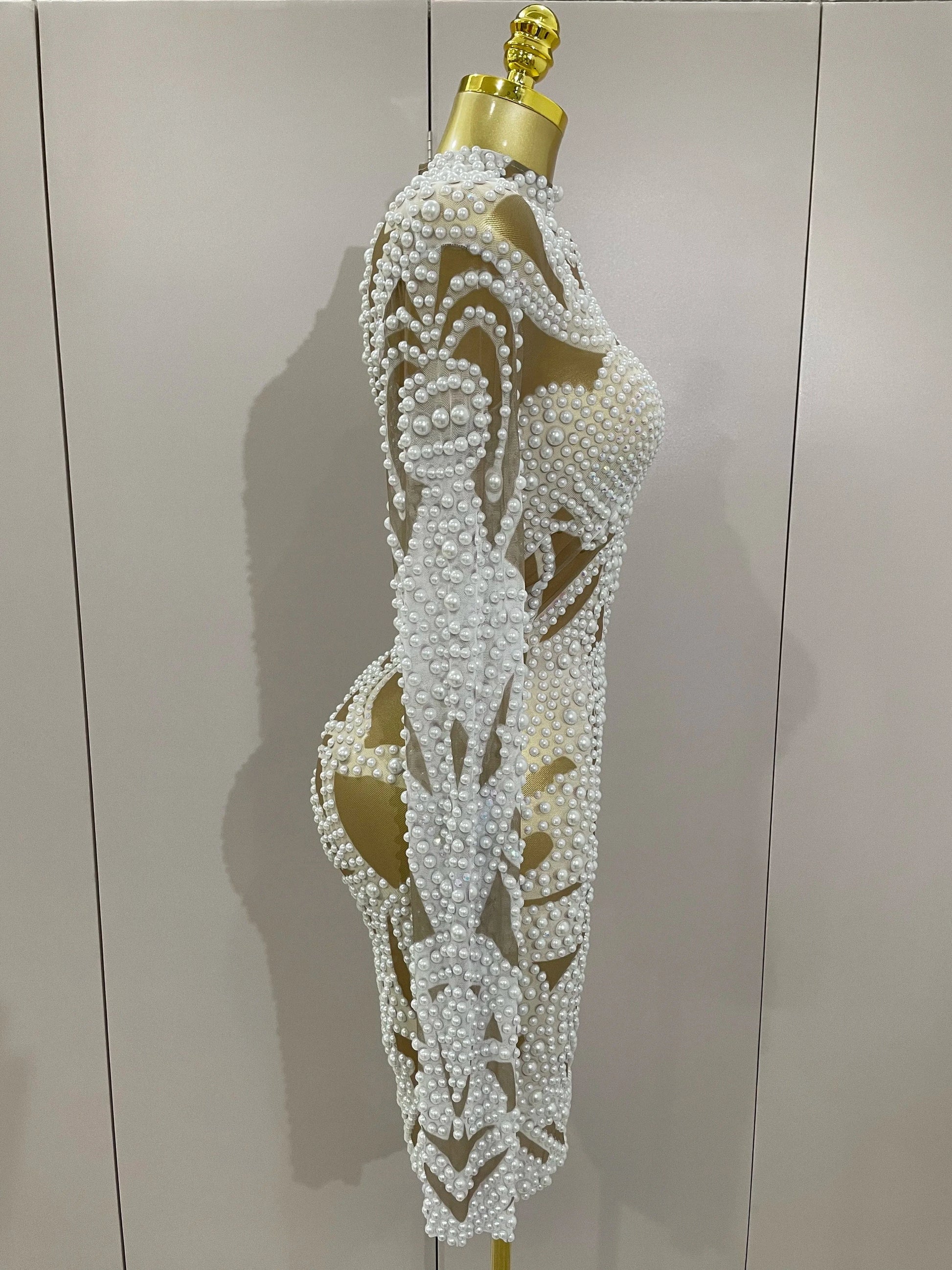 2025 New High-end Elegant Evening Gown AB Rhinestones Pearls Luxury Long Sleeves Mesh Dress Women Cocktail party Wedding Costume