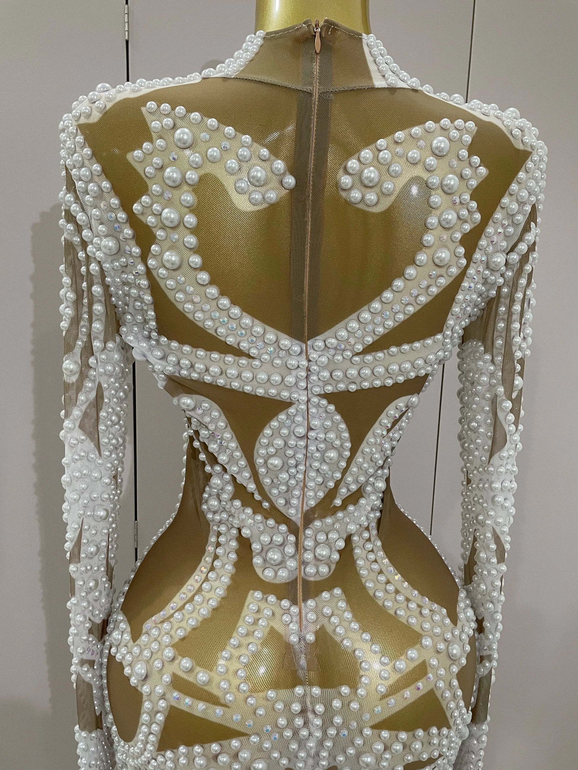 2025 New High-end Elegant Evening Gown AB Rhinestones Pearls Luxury Long Sleeves Mesh Dress Women Cocktail party Wedding Costume