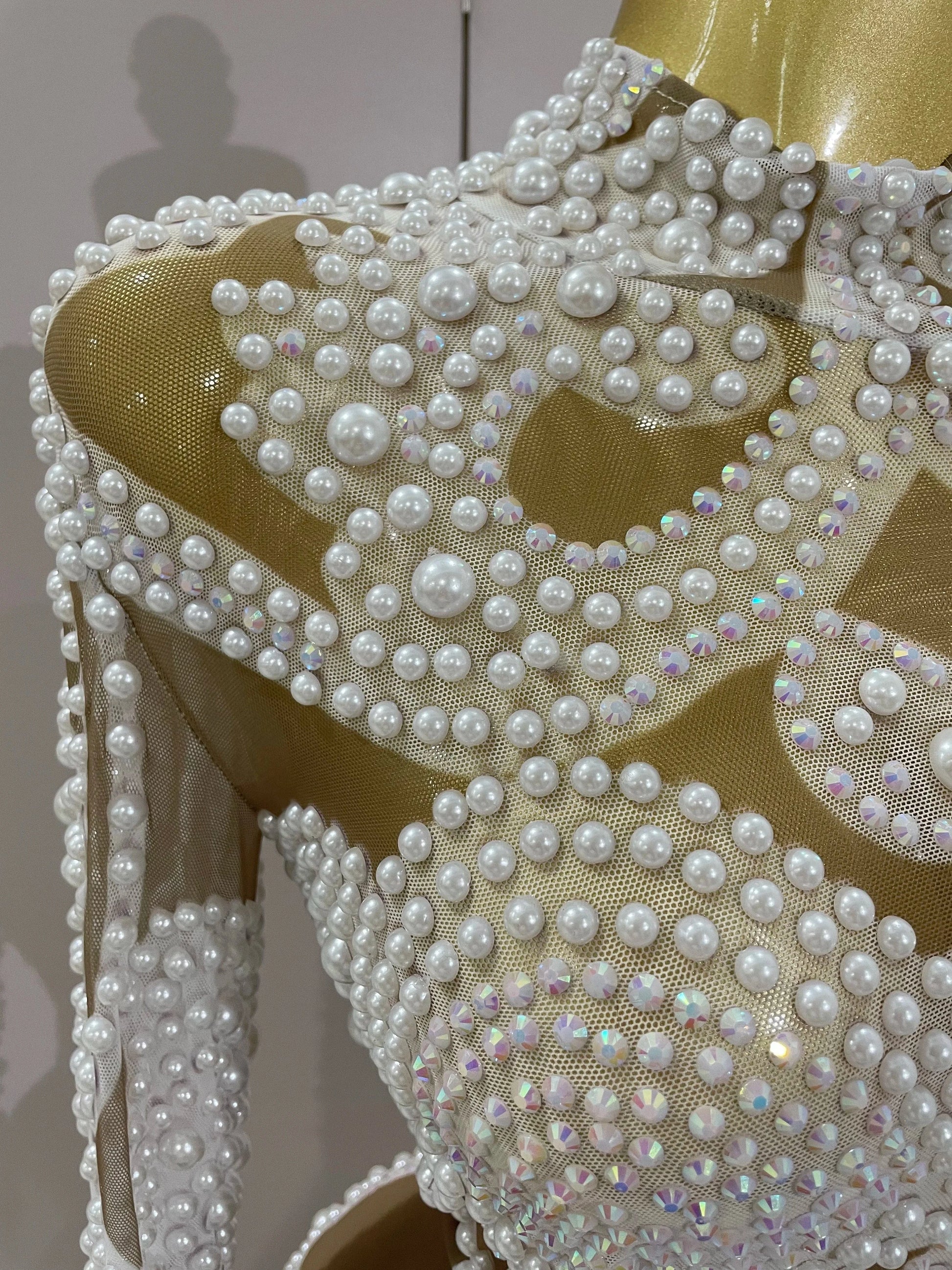 2025 New High-end Elegant Evening Gown AB Rhinestones Pearls Luxury Long Sleeves Mesh Dress Women Cocktail party Wedding Costume