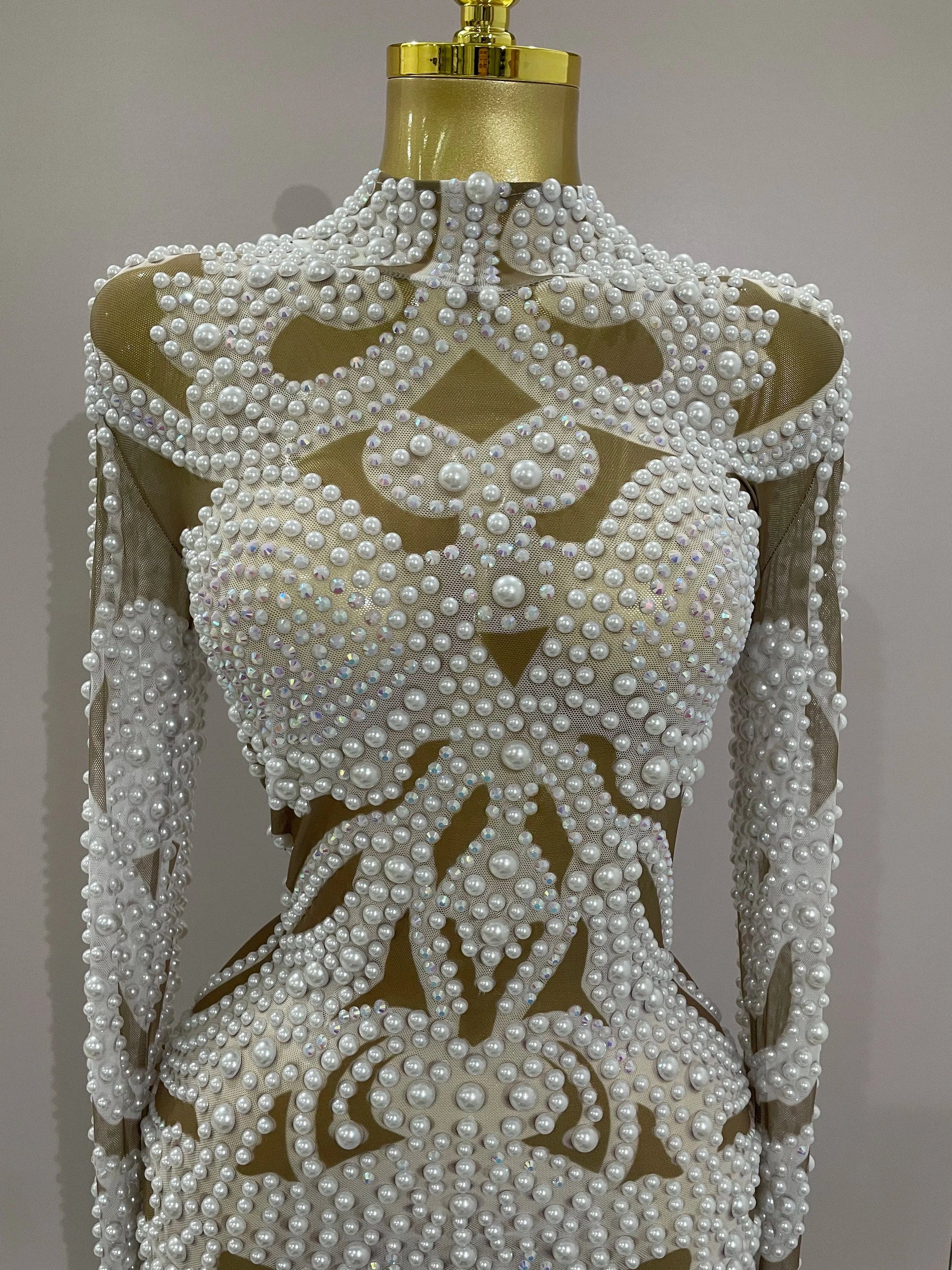 2025 New High-end Elegant Evening Gown AB Rhinestones Pearls Luxury Long Sleeves Mesh Dress Women Cocktail party Wedding Costume