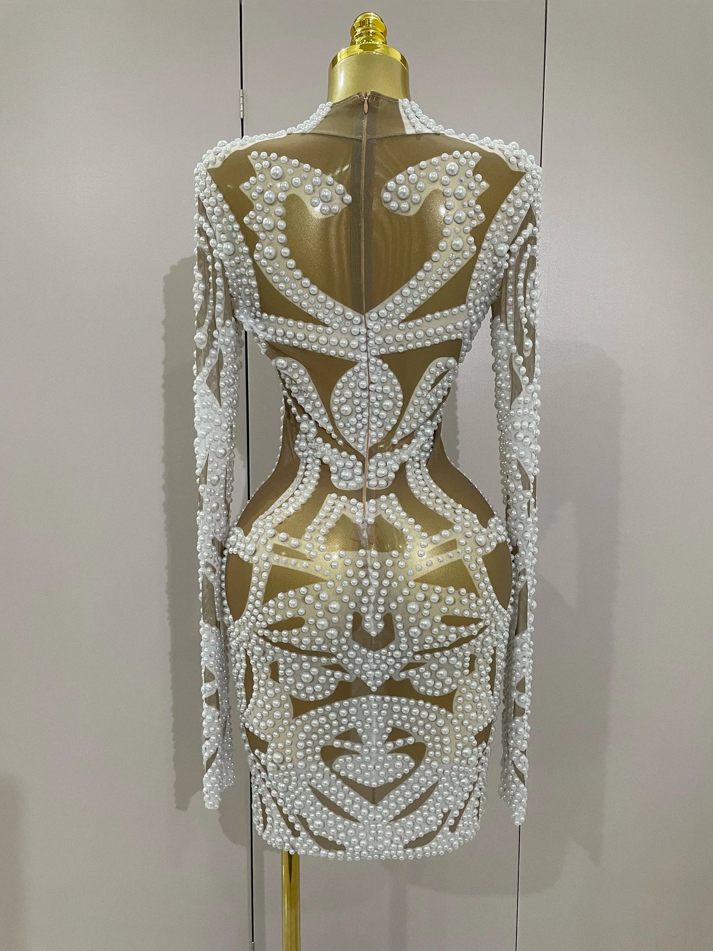 2025 New High-end Elegant Evening Gown AB Rhinestones Pearls Luxury Long Sleeves Mesh Dress Women Cocktail party Wedding Costume