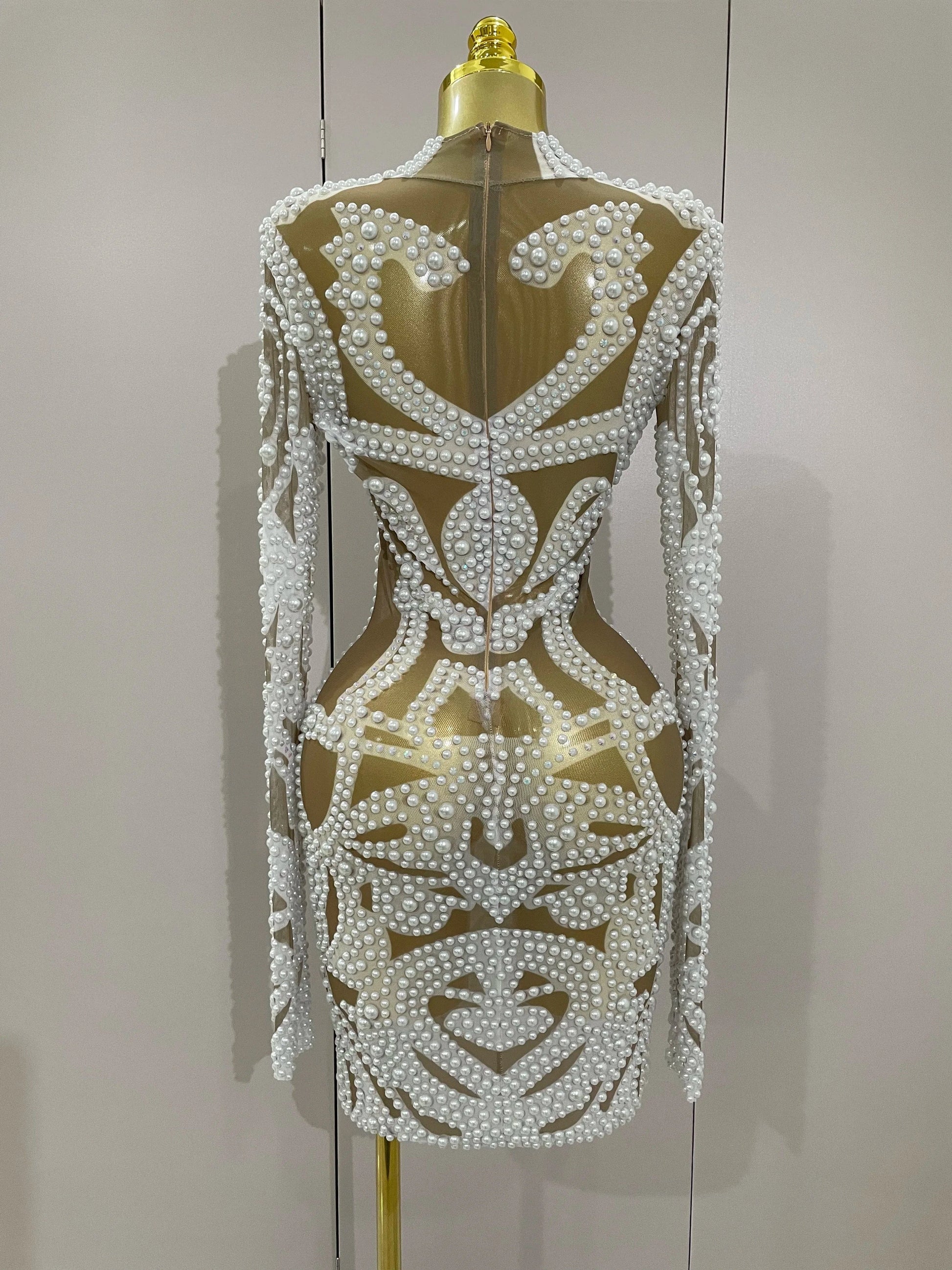 2025 New High-end Elegant Evening Gown AB Rhinestones Pearls Luxury Long Sleeves Mesh Dress Women Cocktail party Wedding Costume