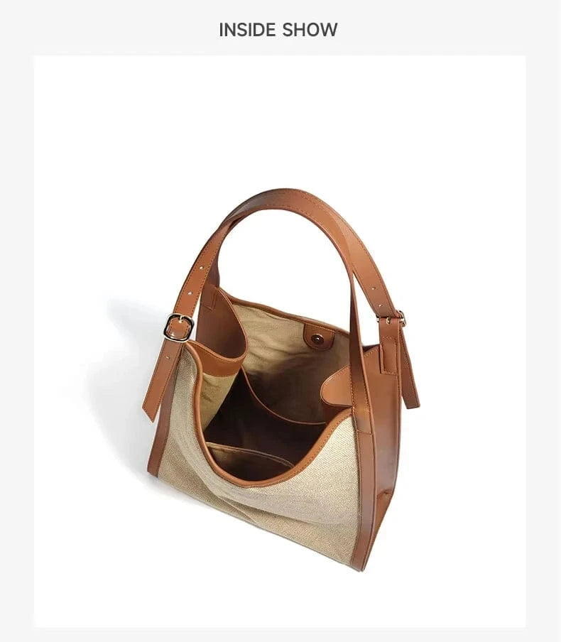 2025 New Luxury Large Capacity Genuine Leather Cotton Linen Tote Bag Designer Cowhide Leather Crossbody Handbags for Women