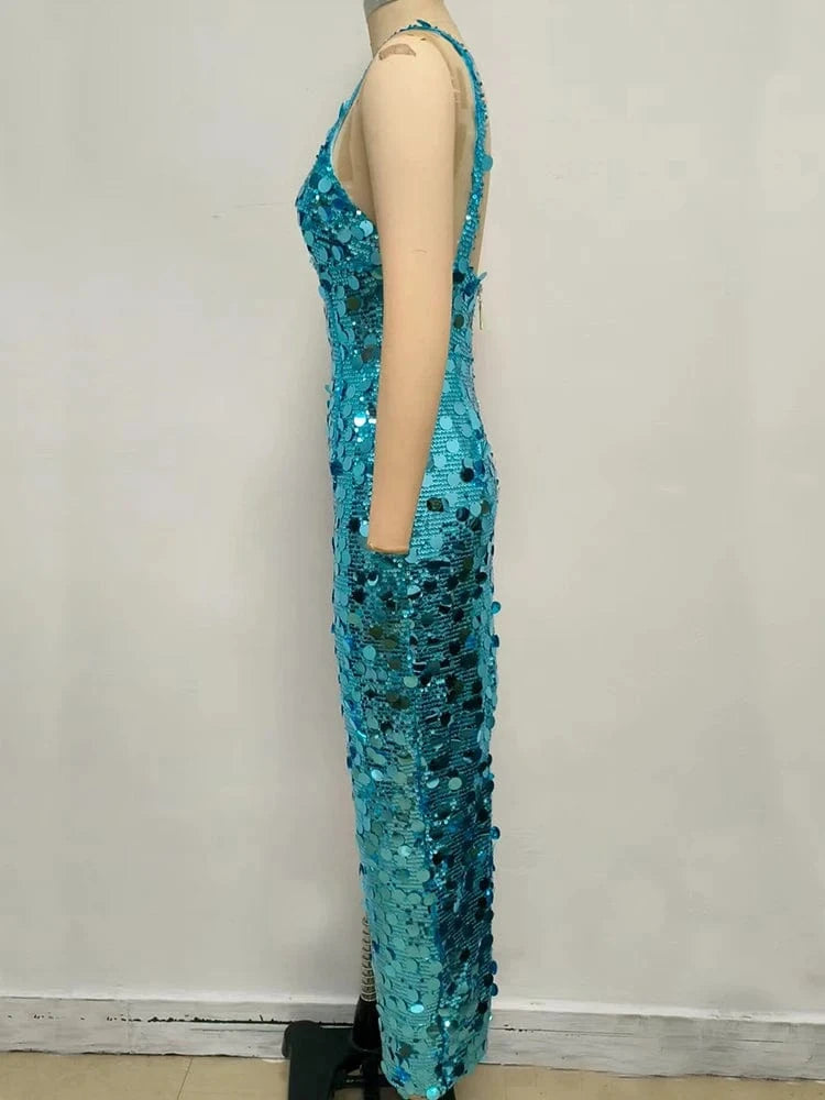 2025 New Sexy Straps Deep V Neck Blue Sequins Long Dress Women Sleeveless Backless Bodycon Dress Evening Party Cocktail Gown