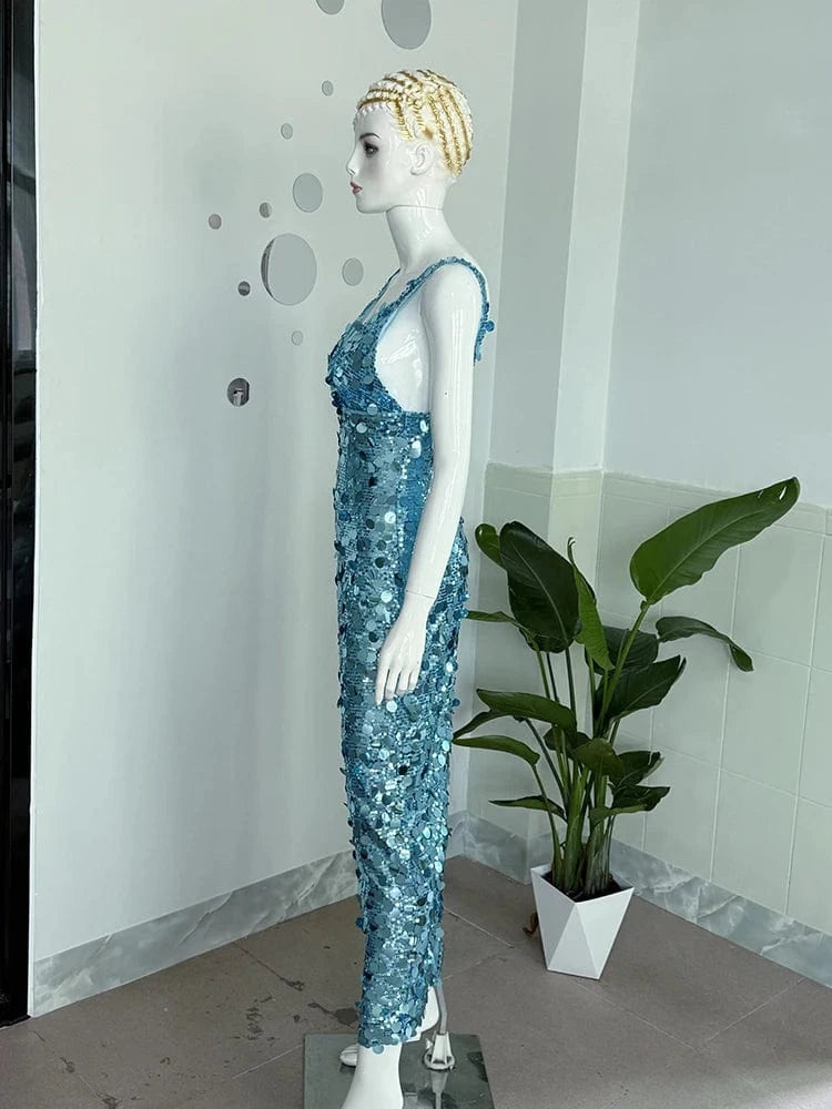 2025 New Sexy Straps Deep V Neck Blue Sequins Long Dress Women Sleeveless Backless Bodycon Dress Evening Party Cocktail Gown