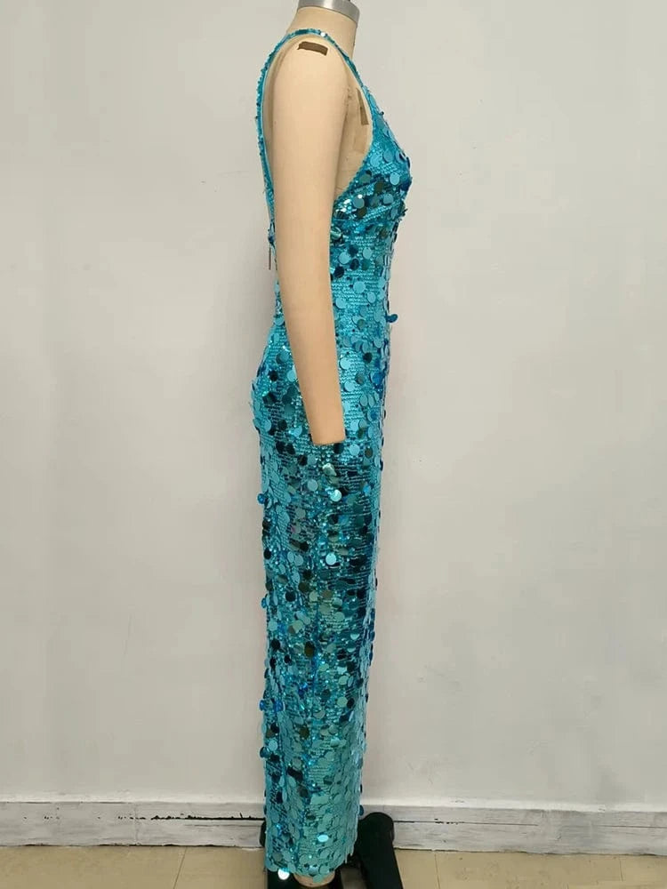 2025 New Sexy Straps Deep V Neck Blue Sequins Long Dress Women Sleeveless Backless Bodycon Dress Evening Party Cocktail Gown
