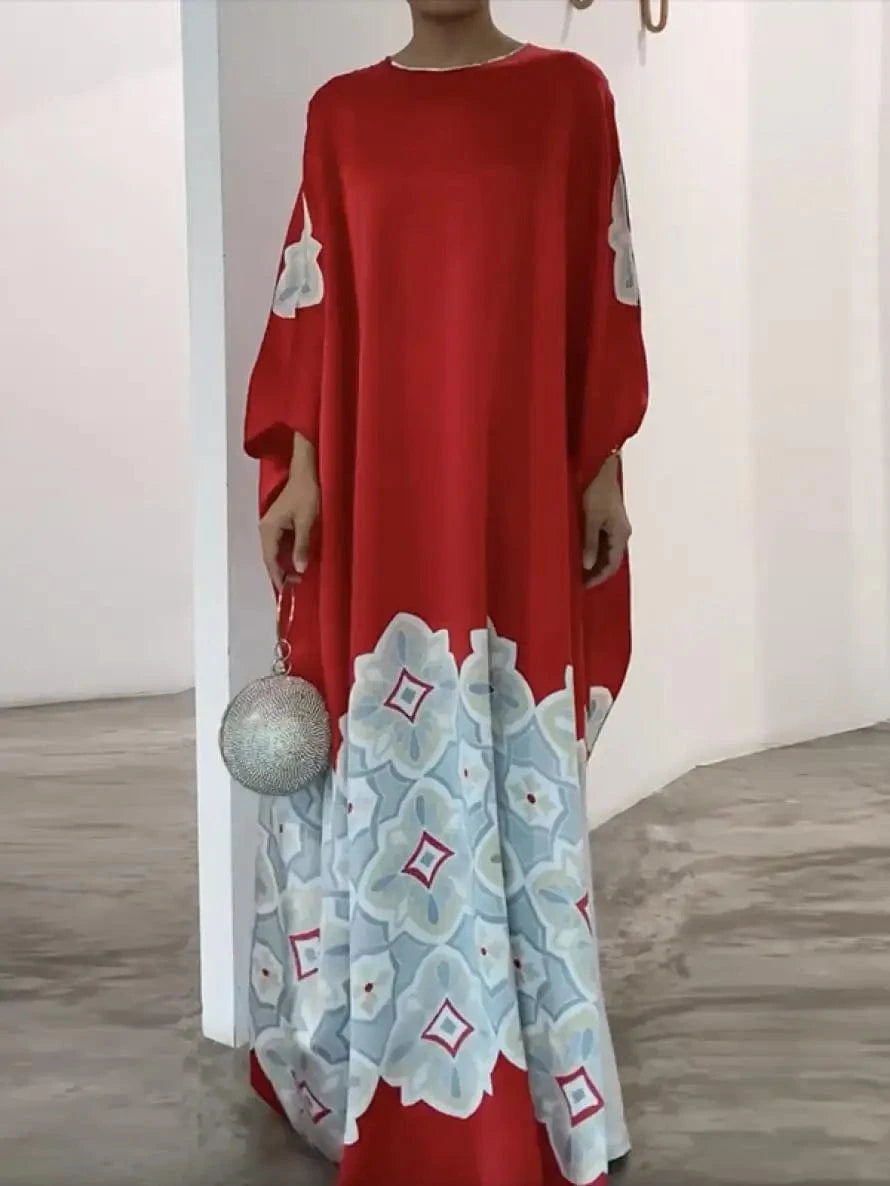 2025 New Spring Printed Evening Party Dresses Vintage Elegant Long Sleeves Loose Round-Neck Muslim Robe For Women