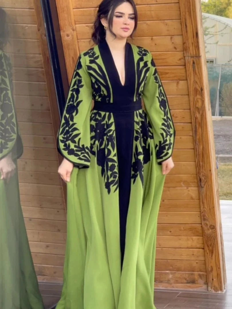 2025 New Spring Summer Muslim Robe Dress Fashion Flared Sleeves V-Neck Appliques Party Evening Maxi Dresses For Women