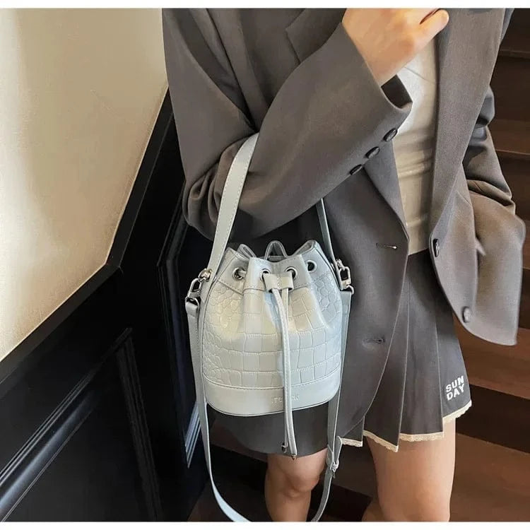 2025 New Trendy Women's Drawstring Tote Bag - Vintage Stone Texture Crossbody Satchel with Retro Minimalist Design