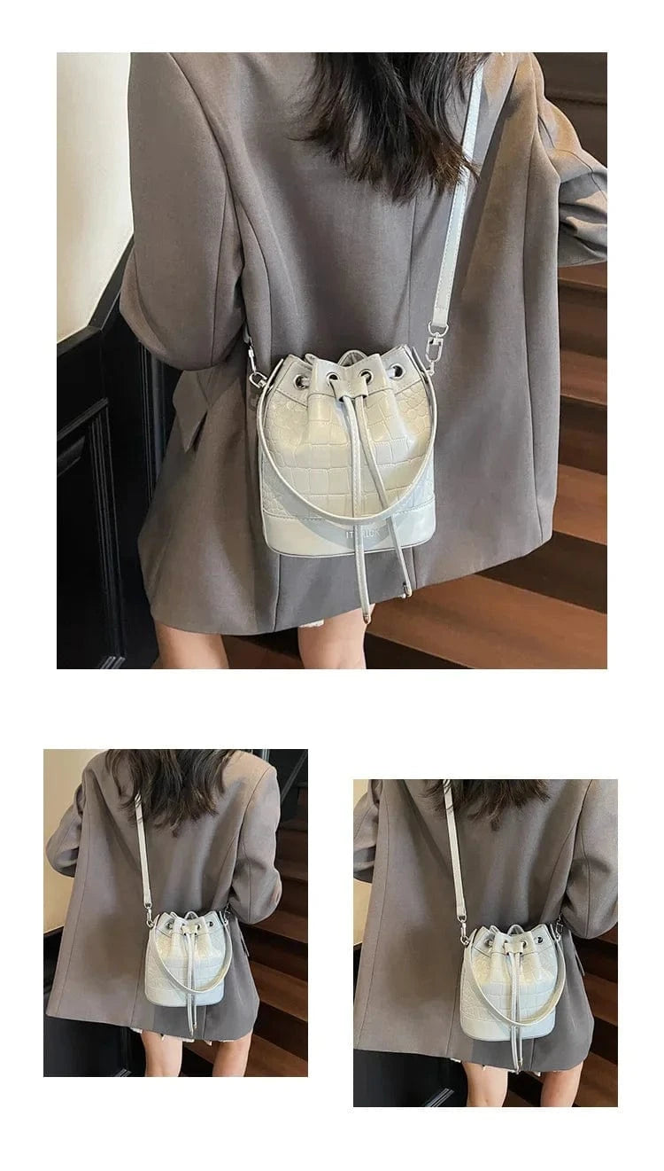 2025 New Trendy Women's Drawstring Tote Bag - Vintage Stone Texture Crossbody Satchel with Retro Minimalist Design