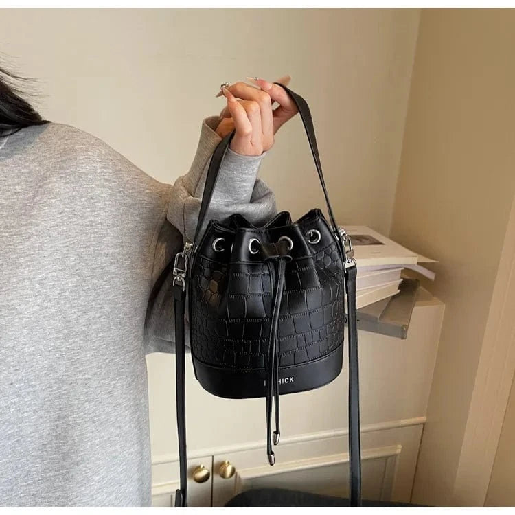 2025 New Trendy Women's Drawstring Tote Bag - Vintage Stone Texture Crossbody Satchel with Retro Minimalist Design
