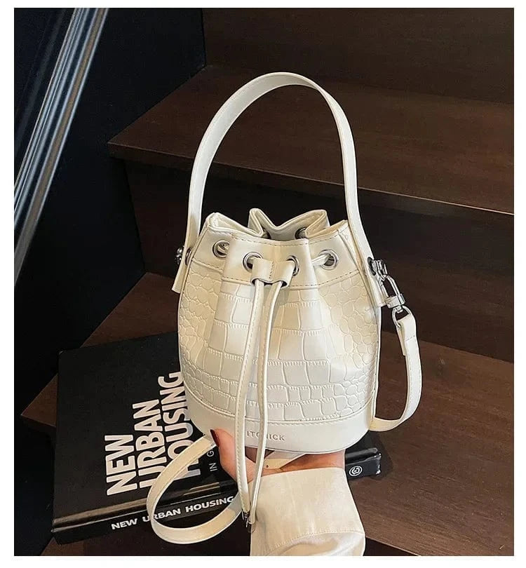 2025 New Trendy Women's Drawstring Tote Bag - Vintage Stone Texture Crossbody Satchel with Retro Minimalist Design