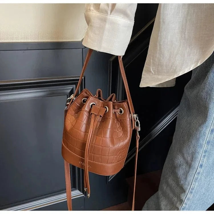 2025 New Trendy Women's Drawstring Tote Bag - Vintage Stone Texture Crossbody Satchel with Retro Minimalist Design