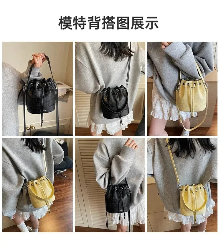 2025 New Trendy Women's Drawstring Tote Bag - Vintage Stone Texture Crossbody Satchel with Retro Minimalist Design