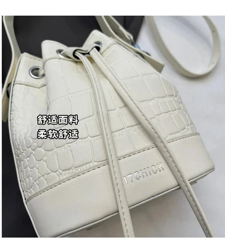 2025 New Trendy Women's Drawstring Tote Bag - Vintage Stone Texture Crossbody Satchel with Retro Minimalist Design